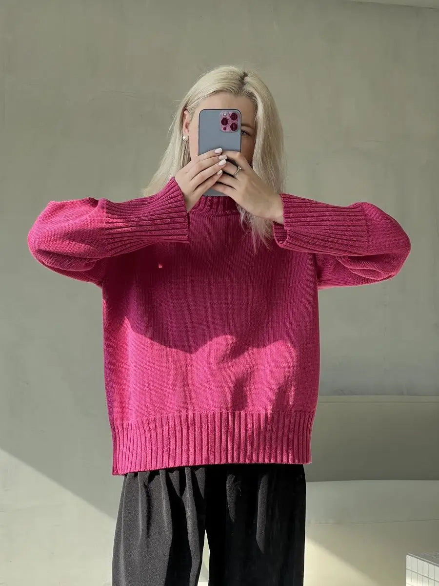 European and American   women's clothing loose women's long-sleeved round neck casual pullover knitted sweater fashionable solid color sweater women