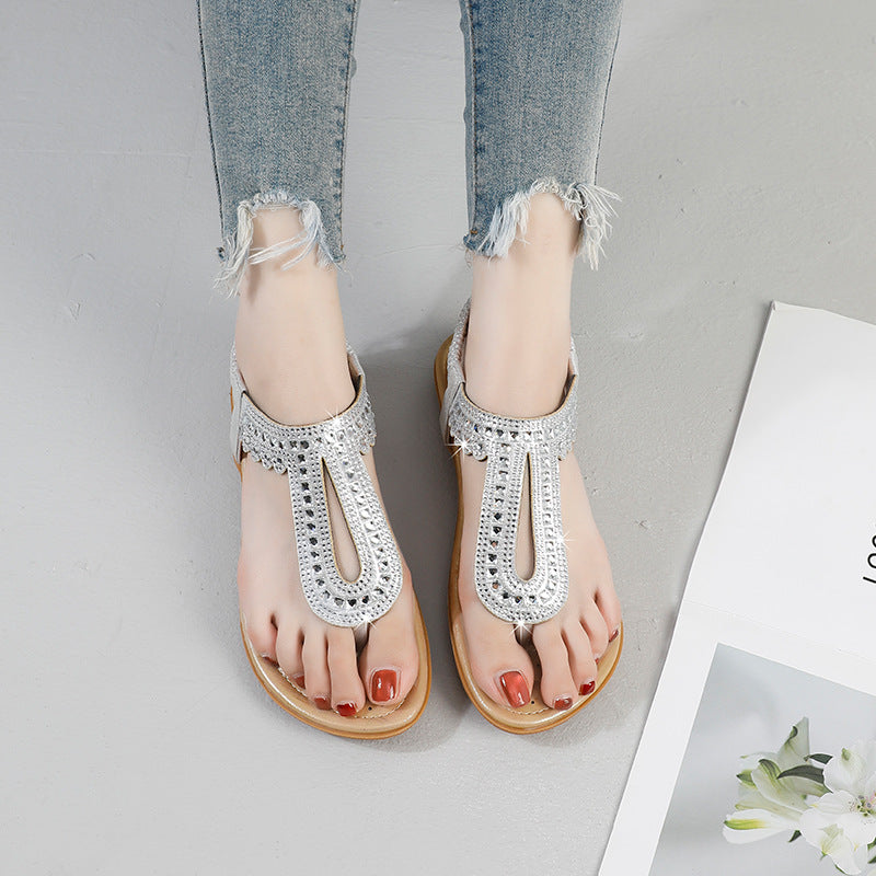 2025 summer new arrivals: european and american style women's sandals - elastic band, hotfix rhinestones, soft, breathable, lightweight, comfortable, plus size, flat