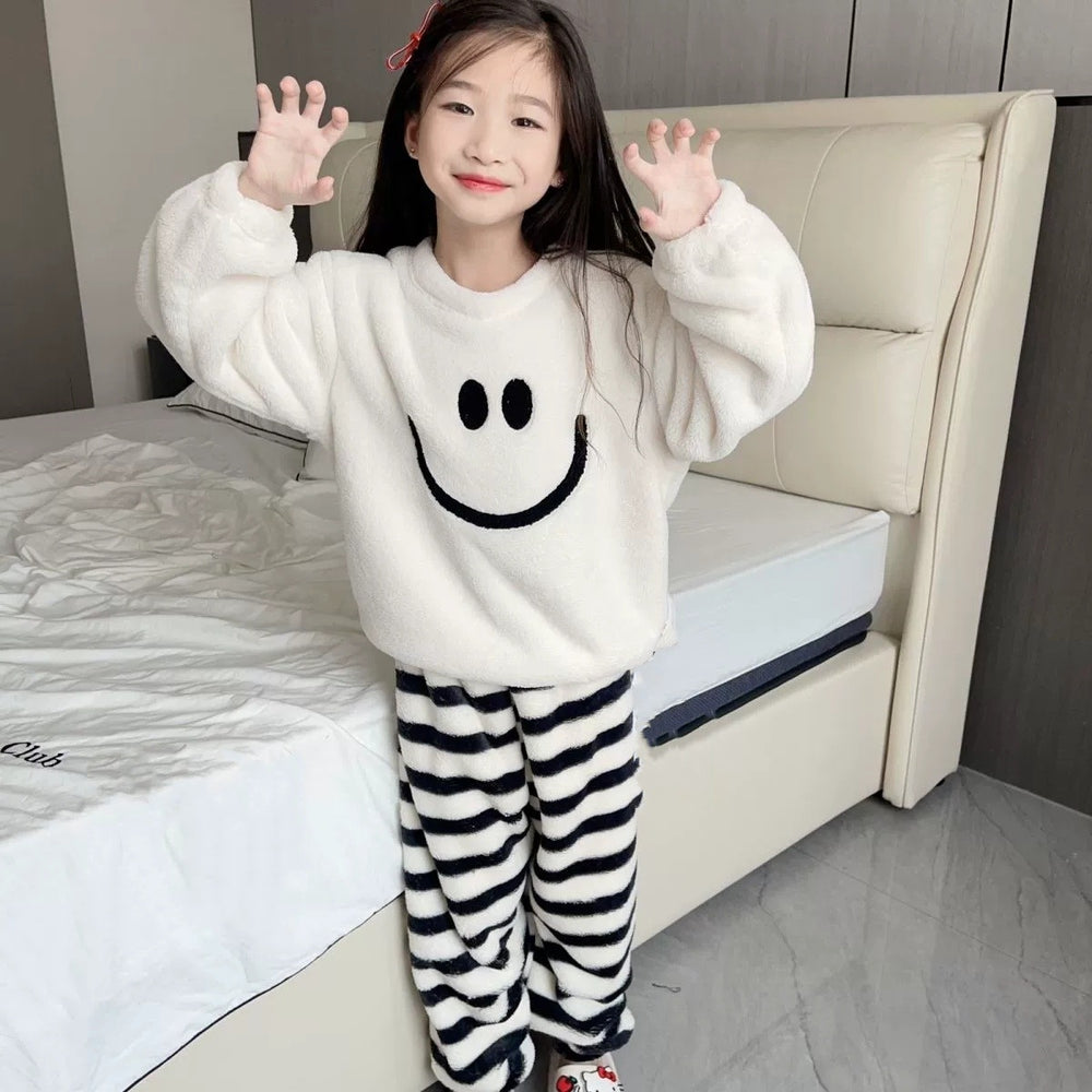 Children's fall and winterthickenedheattech velvet pajamas set for girls sweet baby boyfleece-lined