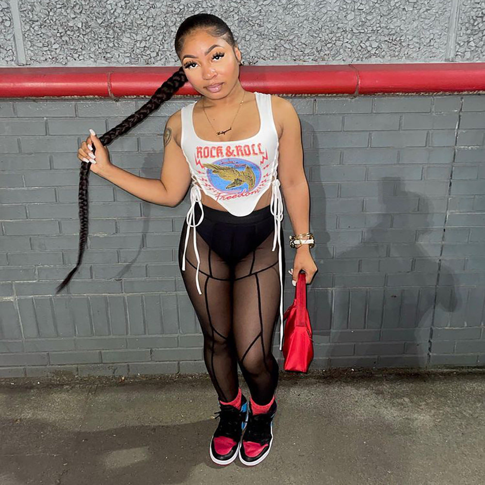 European and american cross-border women's fashion  supply sexy streetwear letter print irregular tie-up crop top