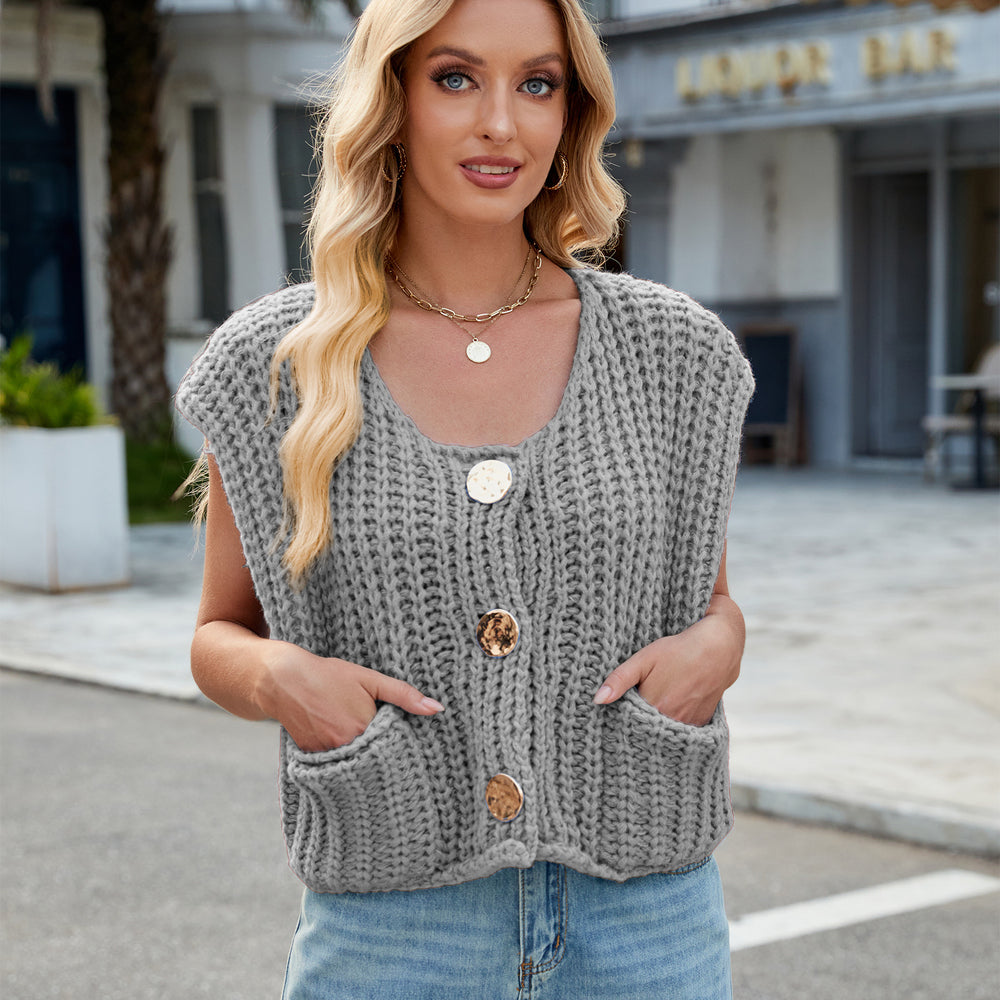 Fashion cross-border women's clothing  independent station new v-neck three-button sleeveless cardigan sweater vest