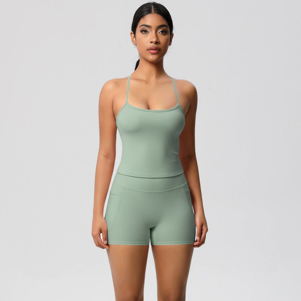 Cloud-feel, brushed, quick-dry yoga set: tank top with racerback, butt-lifting shorts, and pockets - perfect for running and fitness