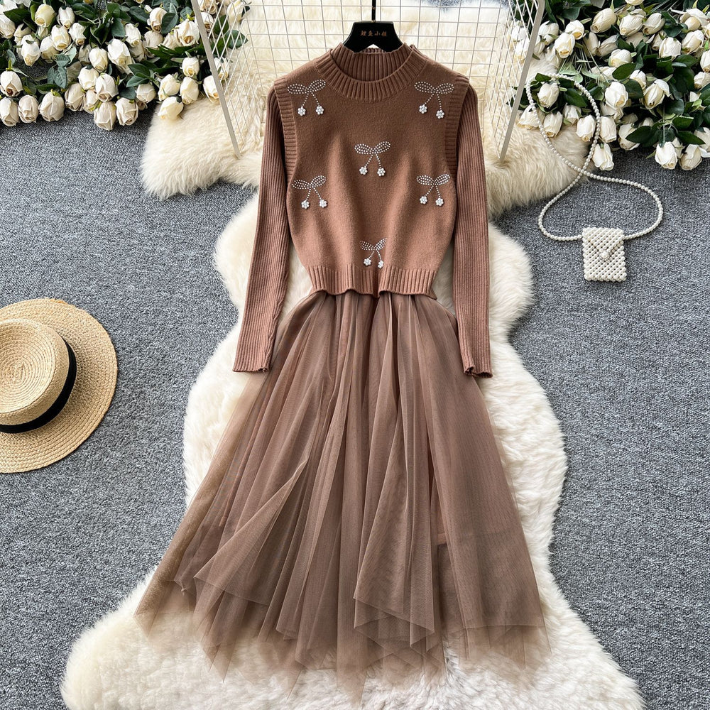 Premium women's fall/winter outfit: cherry rhinestone embellished round neck sleeveless vest + long sleeve knit & mesh panel dress