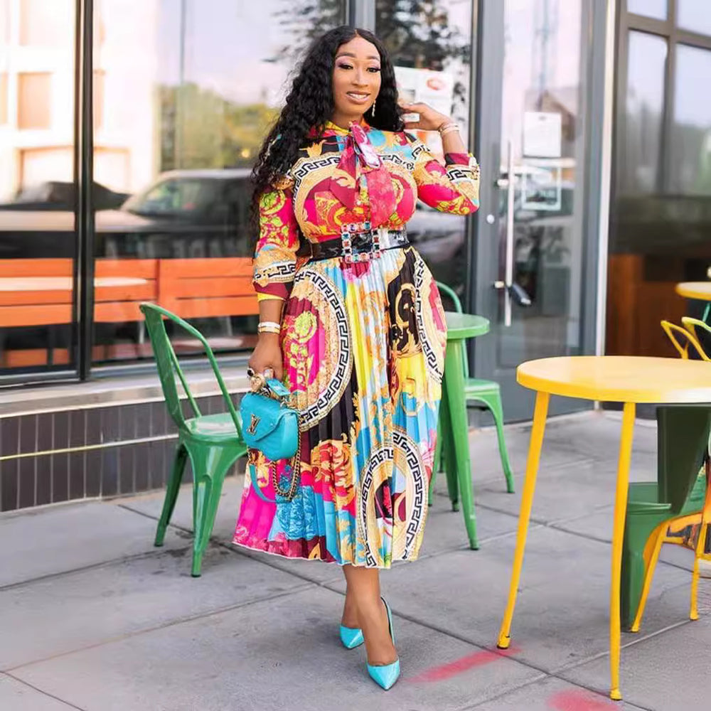spring/summer new arrival: african print midi dress with bow collar and three-quarter sleeves - plus size women's clothing