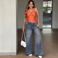 European and american style high-waisted wide-leg jeans -  cross-border summer new arrivals - women's side stripe straight-leg trousers