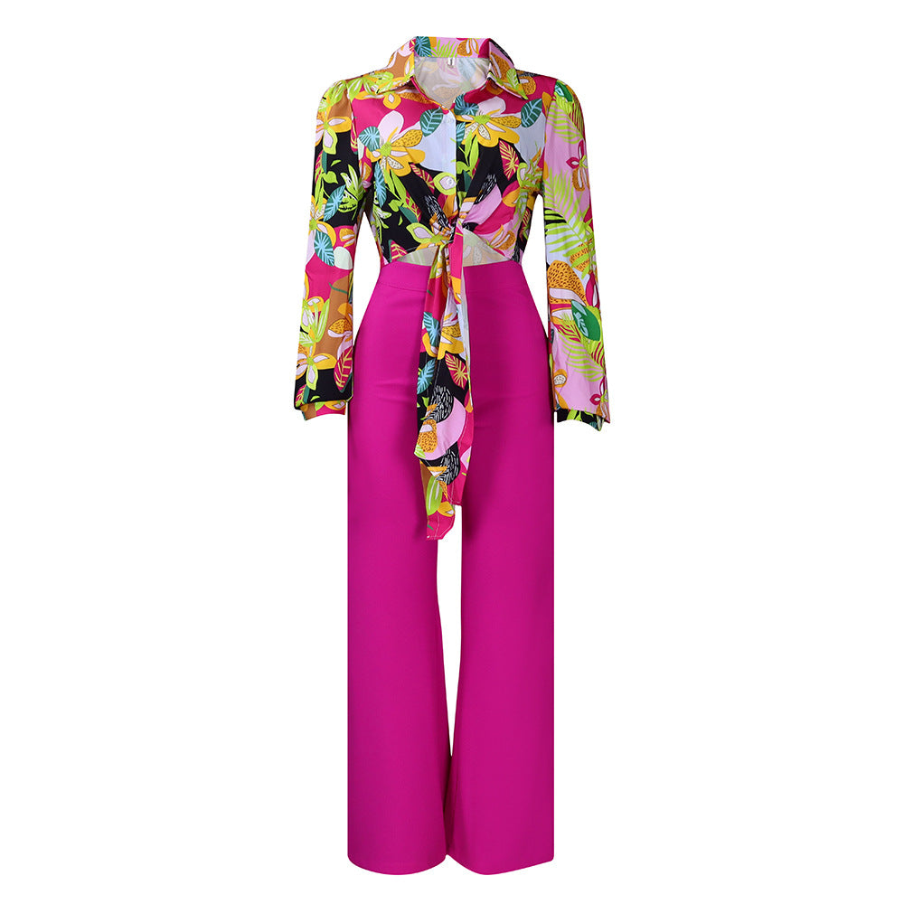 D3241 european and american foreign trade women's cross-border outfit: autumn printed turn-down collar long-sleeve shirt top and wide-leg pants two-piece set