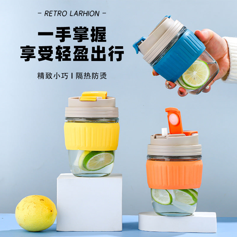 Double drinking cup glass cup high appearance casual water cup oven mitts heat insulation portable portable coffee cup gift cup straw