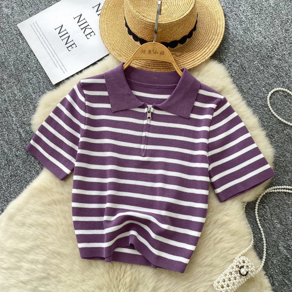 Women's short-sleeve knit top -  summer korean style, trendy color block striped tee, versatile top