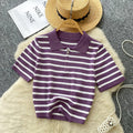 Women's short-sleeve knit top -  summer korean style, trendy color block striped tee, versatile top