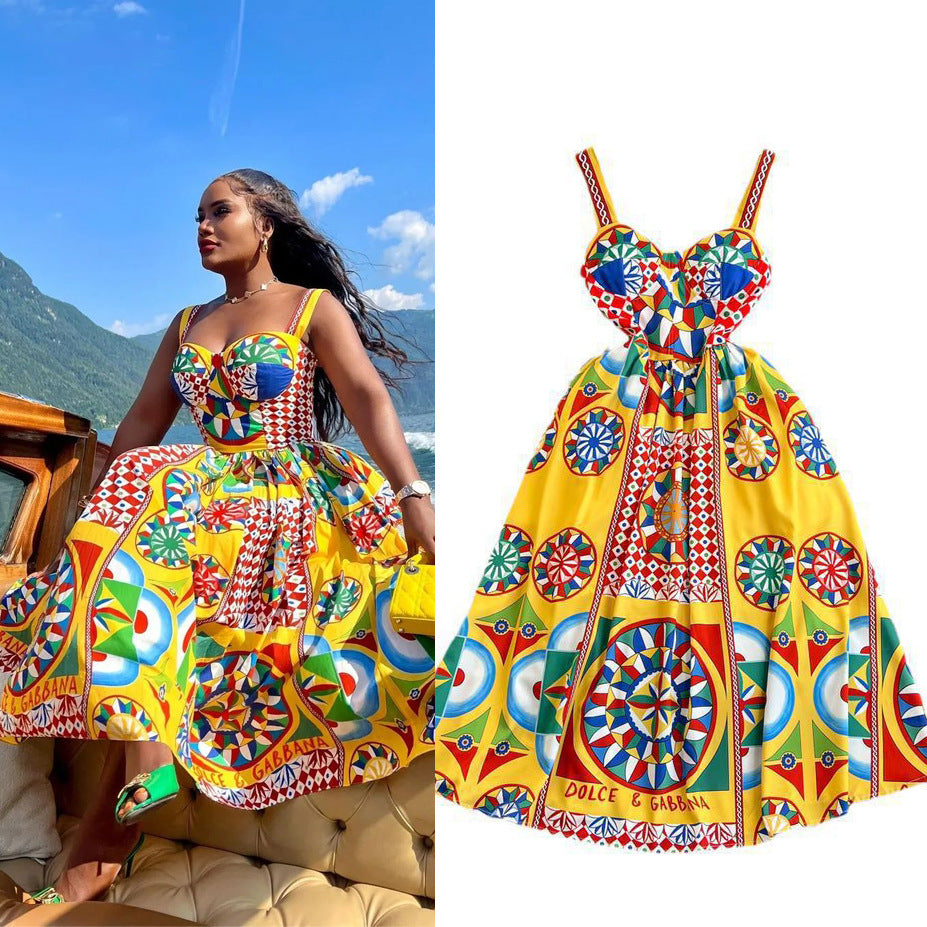 Retro palace baroquetube top suspender long skirt seaside vacation waist slimming look word fixed slotprintingdress