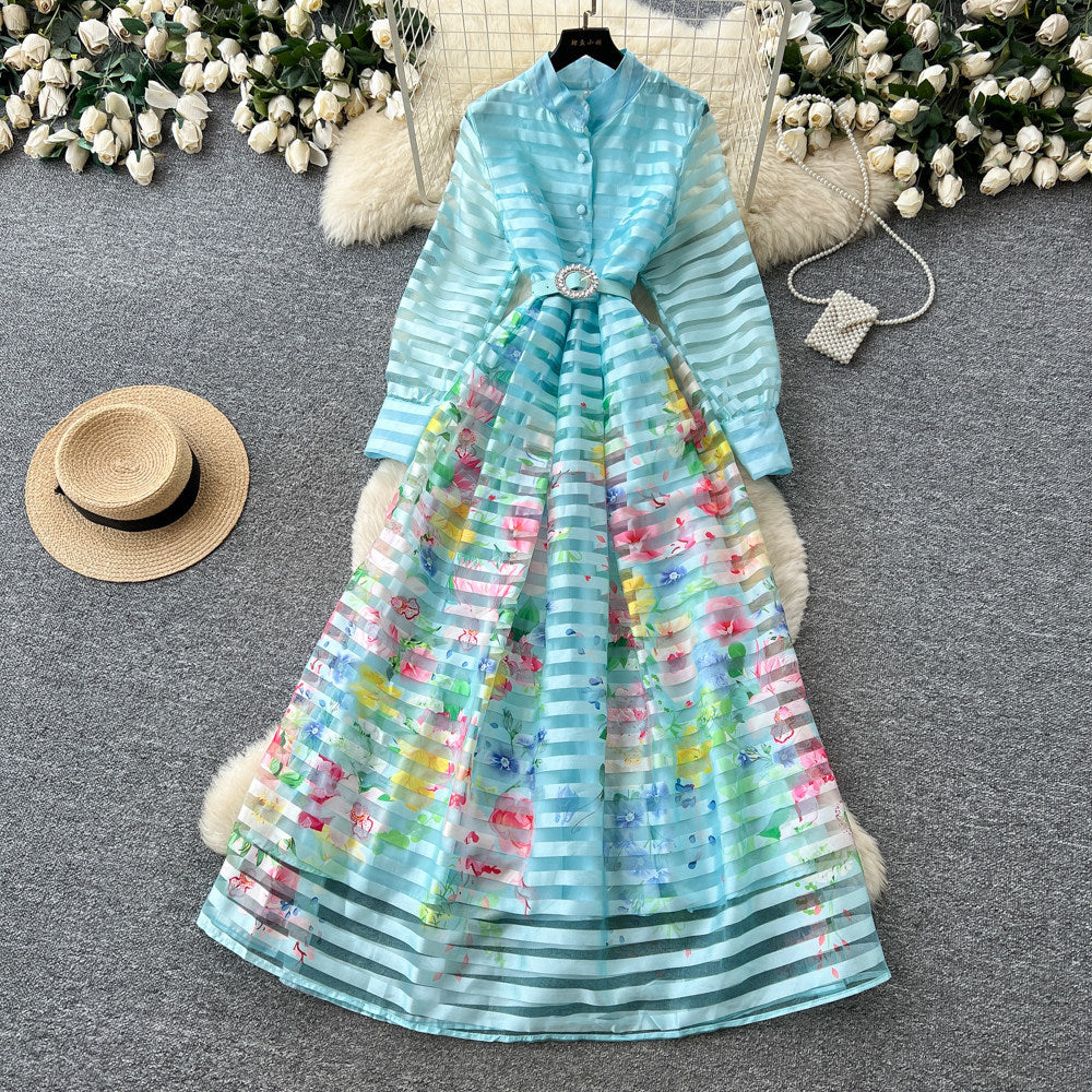 Frenchniche styleprinting stand collar long sleeves waist a-line dress female summerk-styleclassyelegant long skirt