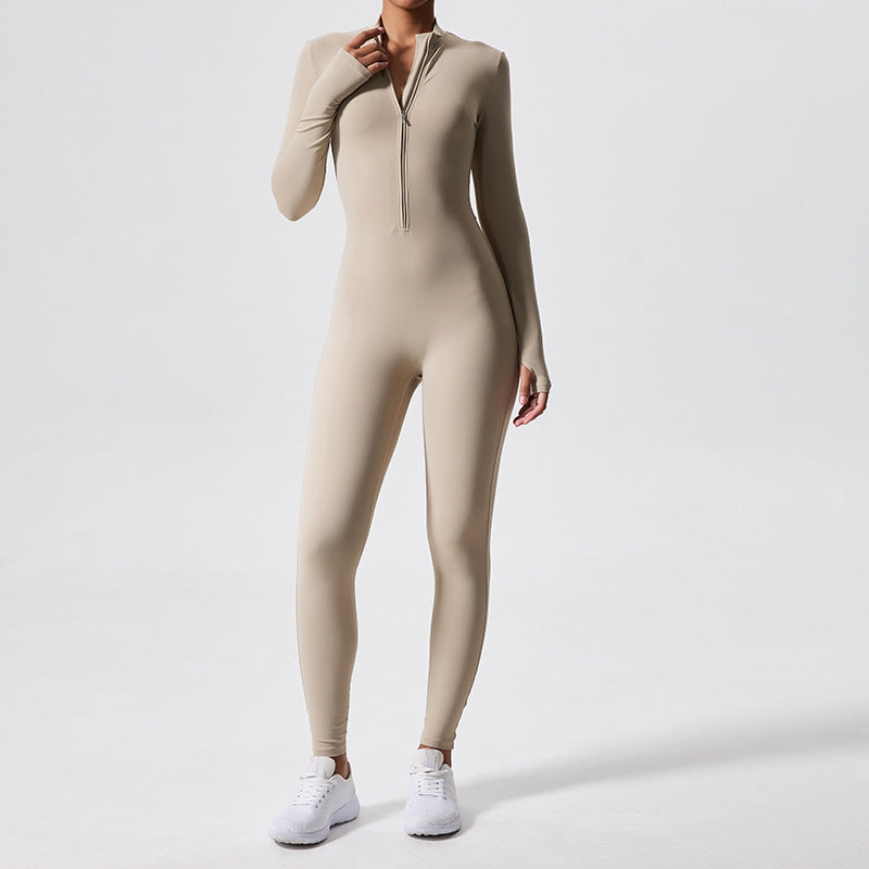 long-sleeve outdoor sports bodysuit gym outfit zipper training tight butt-lifting sports jumpsuit yoga suit