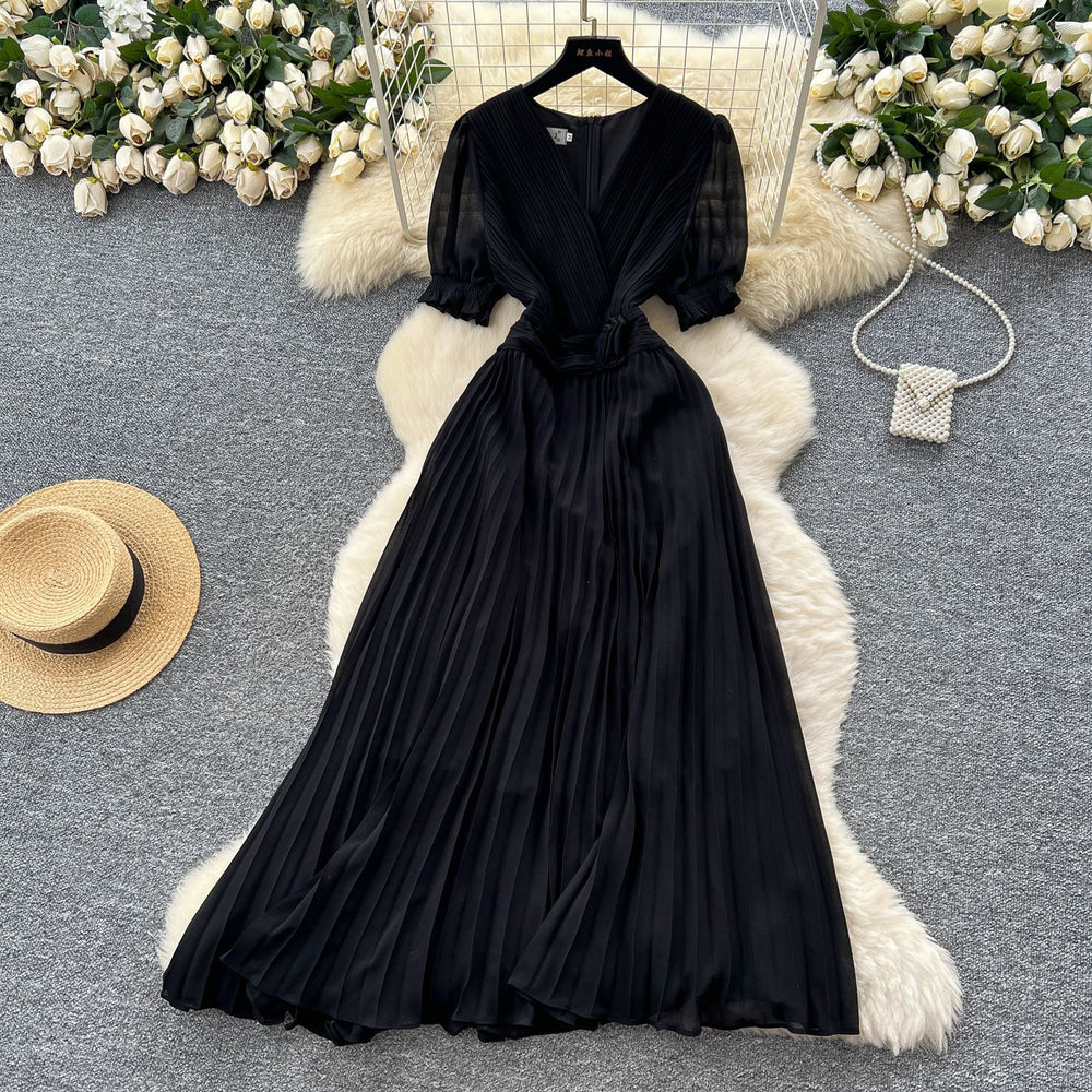Frenchclassyelegantv neck puff sleeves stereo flower waist pleated dress female summer slimming lookelegant long skirt