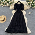 Frenchclassyelegantv neck puff sleeves stereo flower waist pleated dress female summer slimming lookelegant long skirt