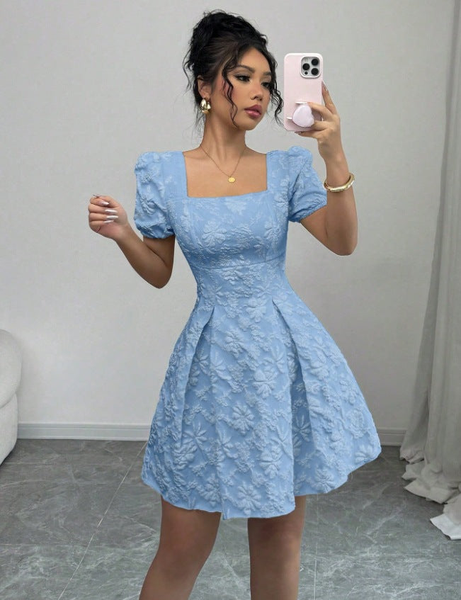 European and american cross-border  summer slim-fit women's elegant jacquard solid color puff sleeve square neck a-line dress