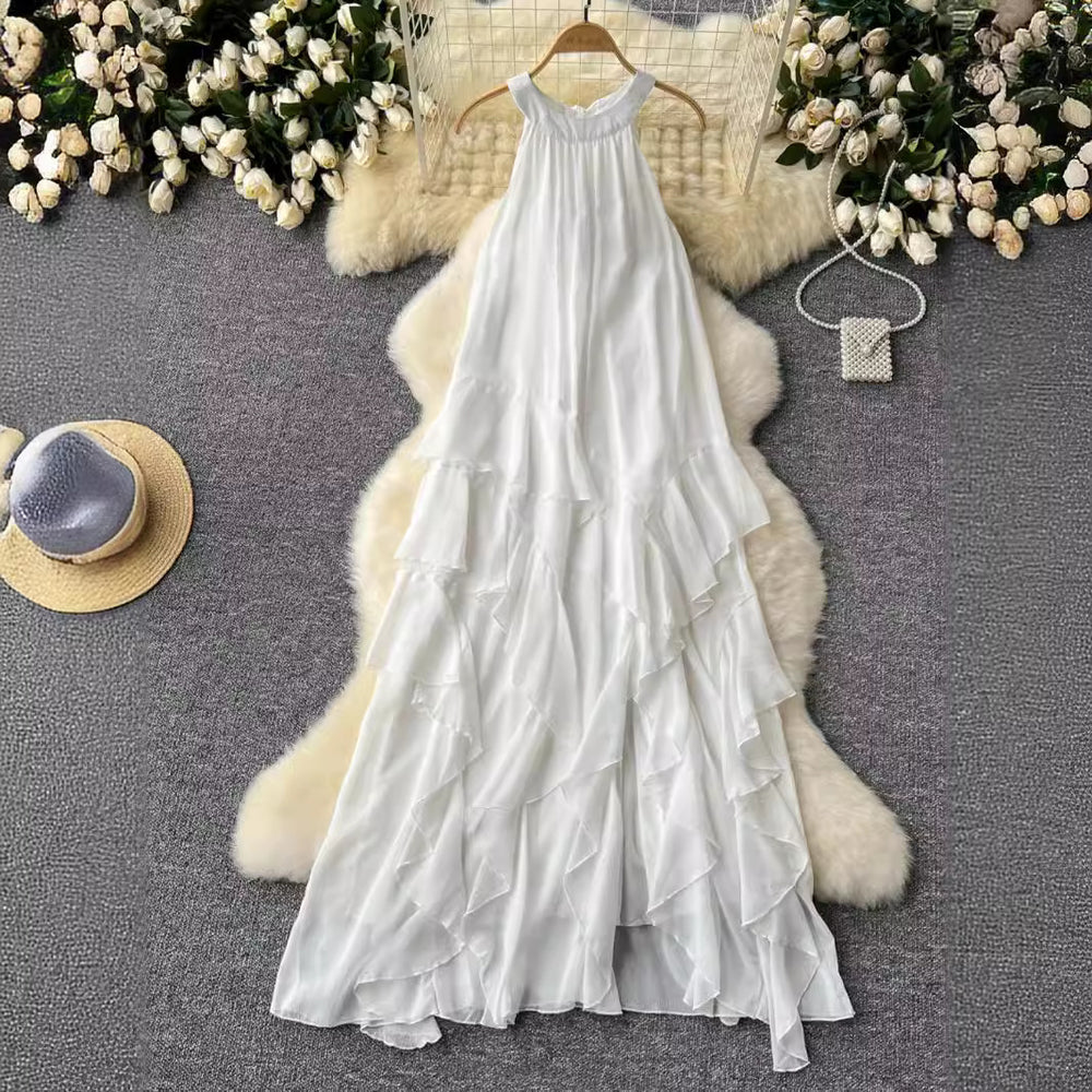 Beach vacation dress - women's alluring & ethereal halter neck ruffle chiffon fairy dress - french style sleeveless maxi dress