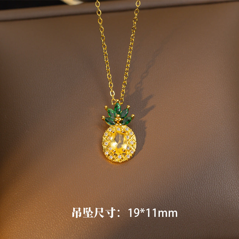 Titanium steel necklace women's new fanta stone yellow diamond pineapple creative fruit green diamond earrings open ring set accessories