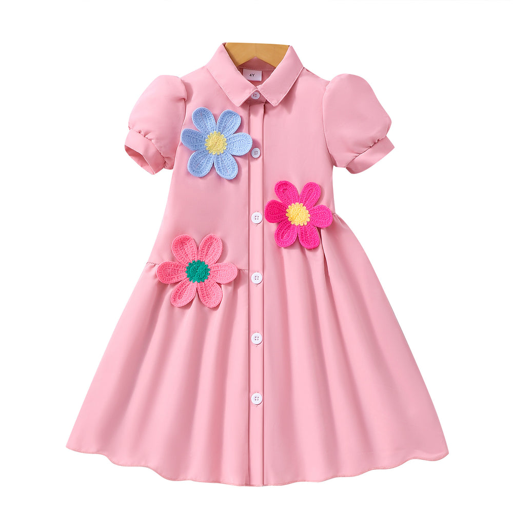 Girls' (toddler) dress, collared solid color dress with 3d floral appliqué