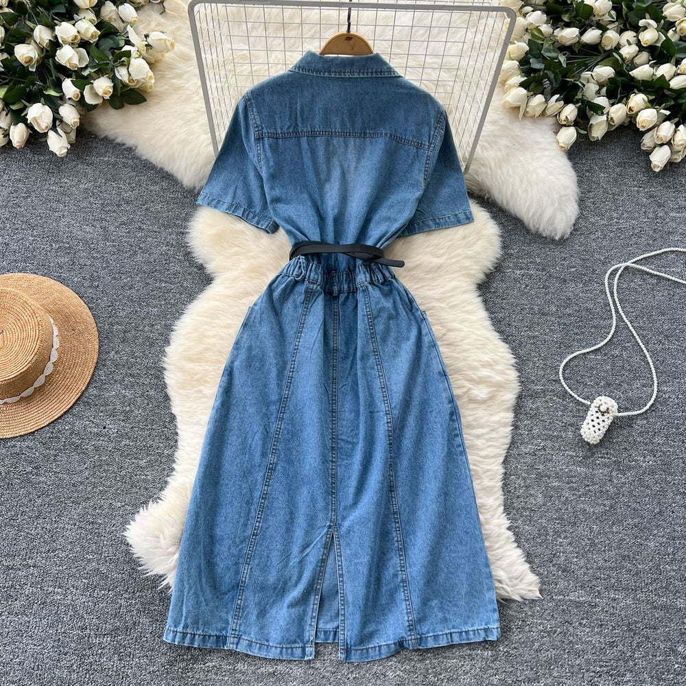 summer new arrival: women's short-sleeve denim dress - designer vintage polo collar, single-breasted, cinched waist, midi length