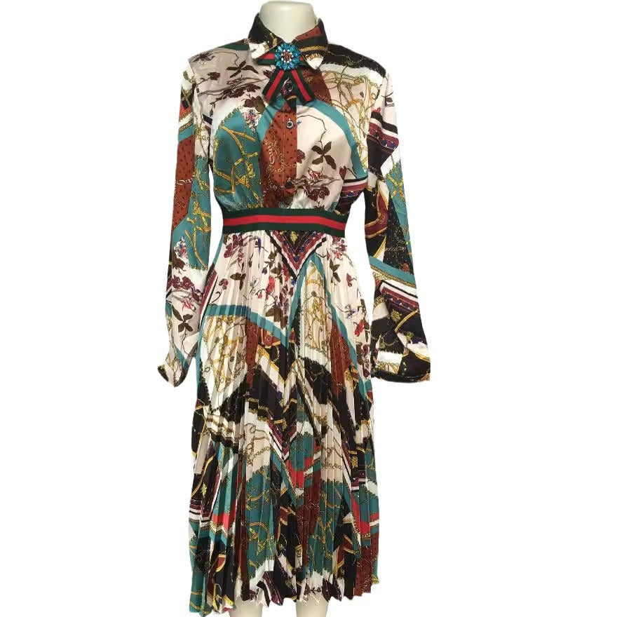 Satin printing pleated elegant socialite style african fashion shirt collar waist shirt collar long skirt