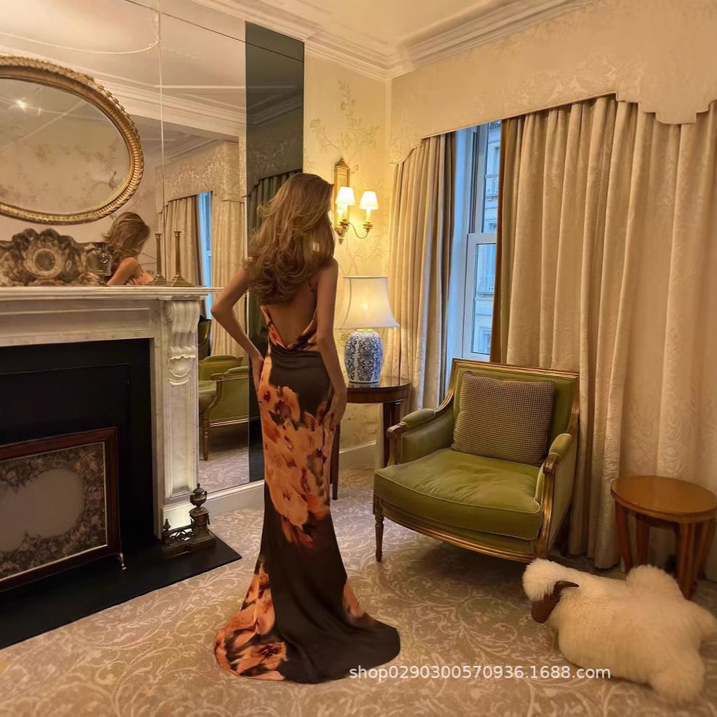 SDM143 European and American  women's clothing wholesale temperament suspender V-neck printed floor dress vacation dress wholesale