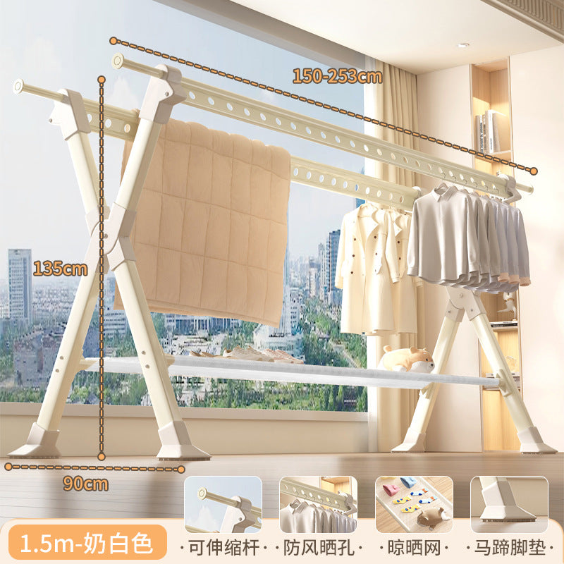 Foldable clothes drying rack - floor standing, indoor/outdoor use - aluminum alloy, extendable rod, perfect for balconies, bedrooms, and outdoor use - quilt drying solution