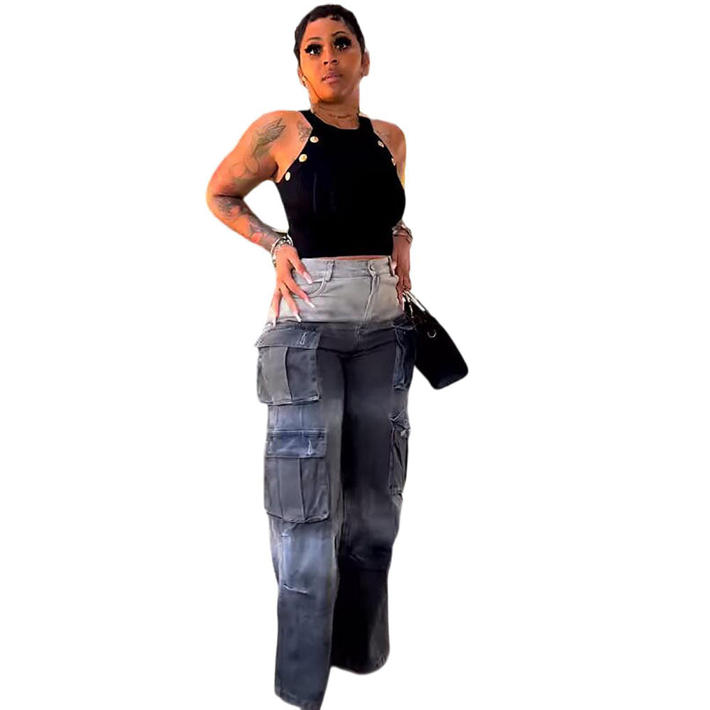European and american style tie-dye jeans -  cross-border women's fashion high-waisted multi-pocket gradient wide-leg pants