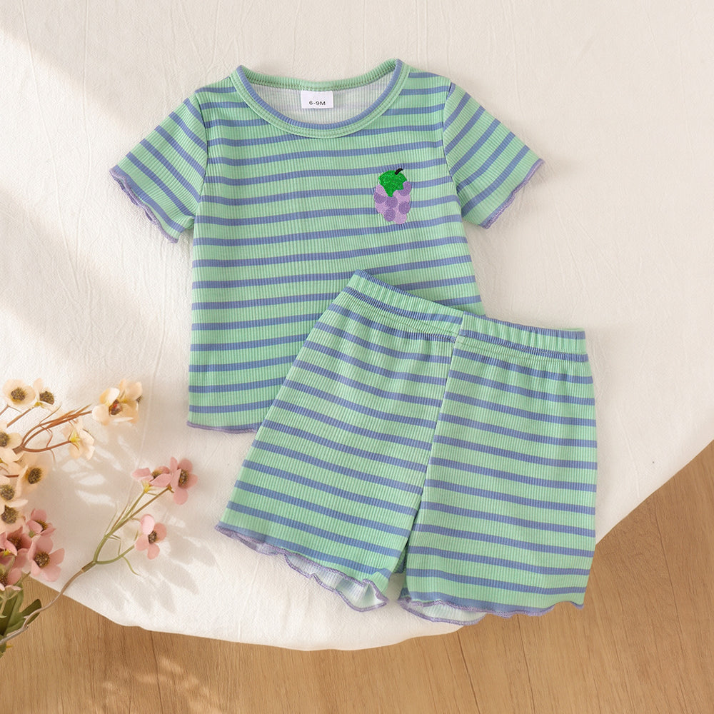 Baby clothing kids set children outfit green stripes short-sleeved t-shirt + shorts