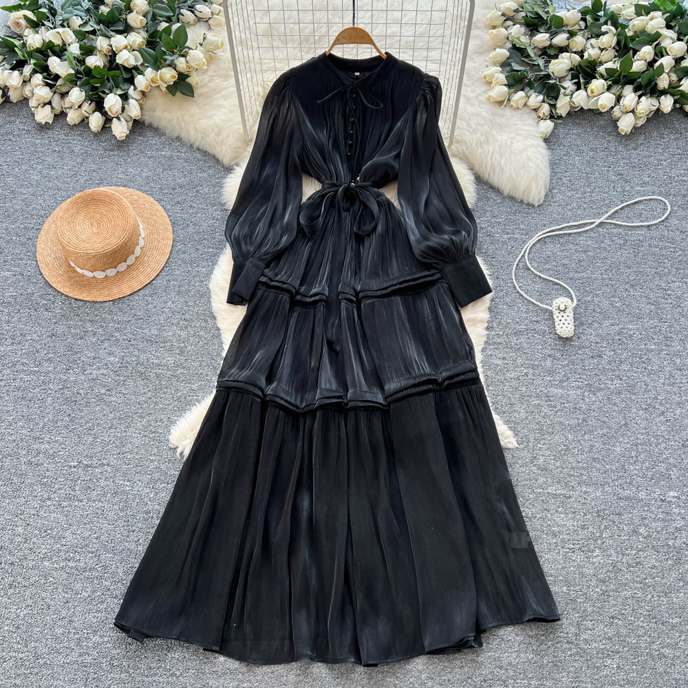 French high-end women's dress - autumn  collection: tie-waist, lantern sleeve, elegant, flowy, and floor-length maxi dress