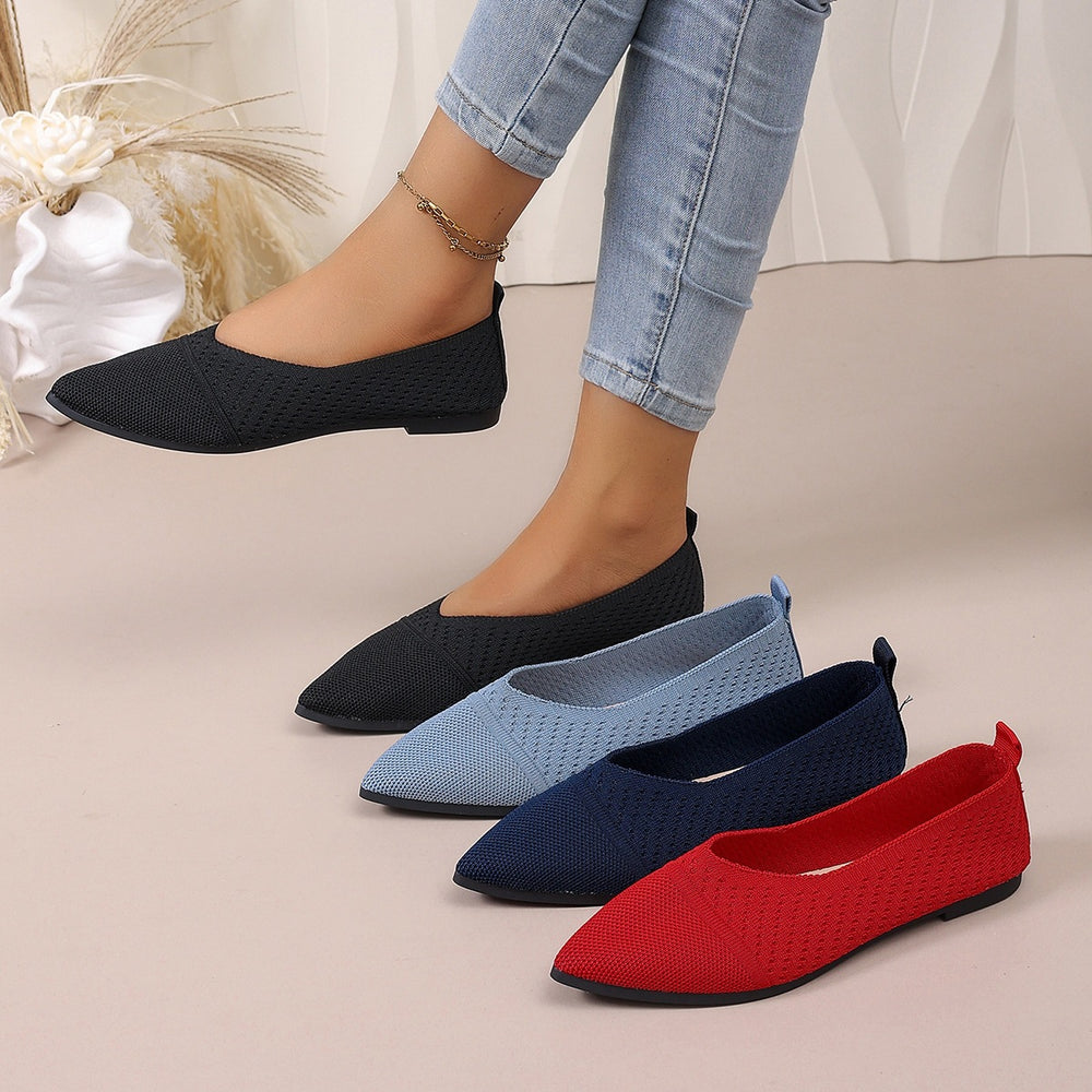 new pointed-toe knitted flats: women's solid color casual slip-on breathable flyknit all-season work shoes