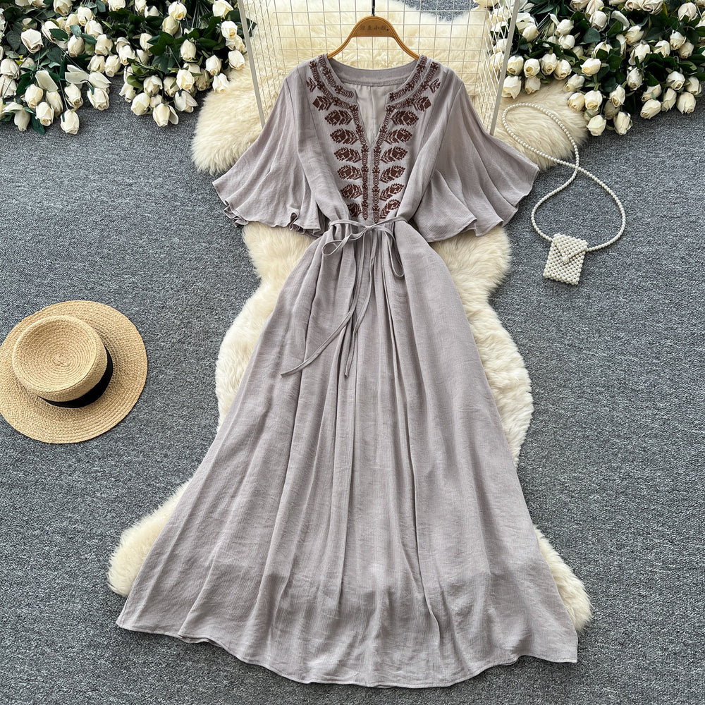 French chic embroidered v-neck dress - women's summer short sleeve, slim fit a-line maxi dress for vacation