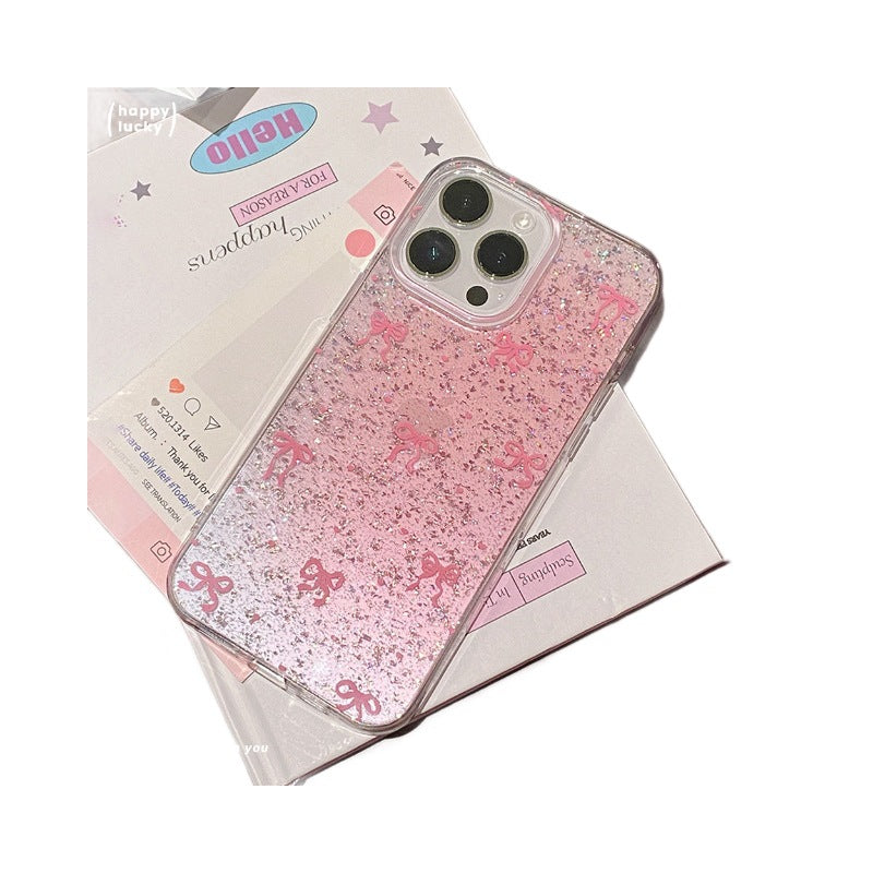 Center pink bow glue glitter suitable for iphone17promax mobile phone case apple 16 anti-fall protective cover