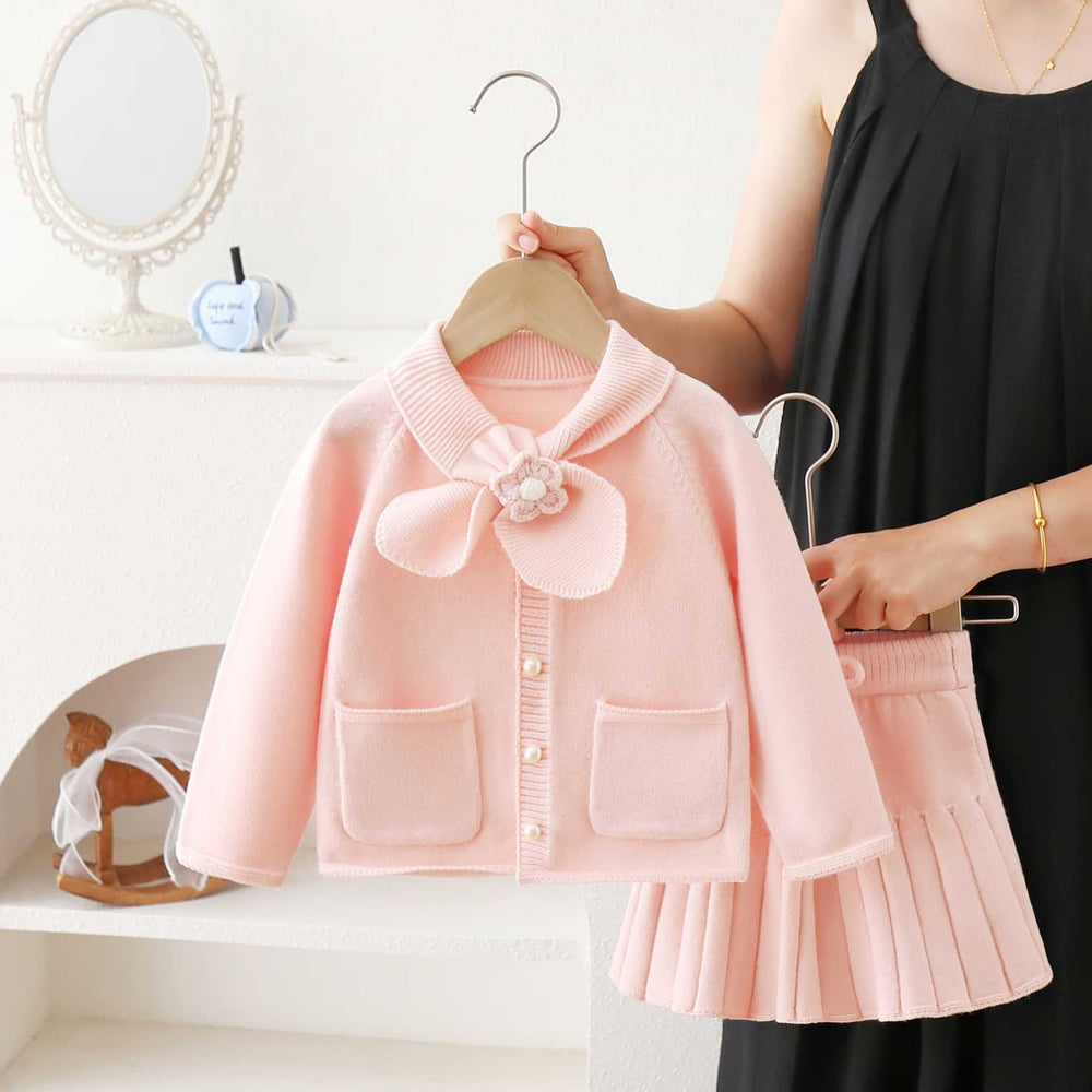 Girls' sweater set,  autumn/winter collection: baby girl knitted cardigan with bow collar, versatile two-piece outfit