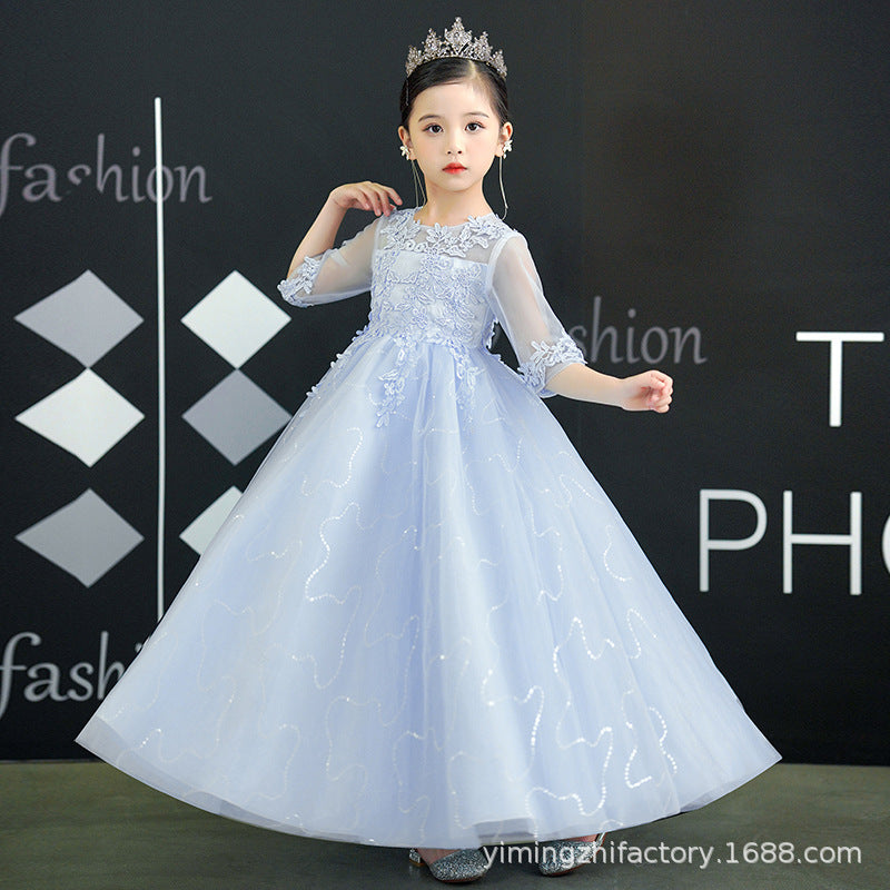 Hot-selling lace girls' dresses: new 3/4 sleeve princess dresses for girls, perfect for performances (sizes for mid-to-large children)