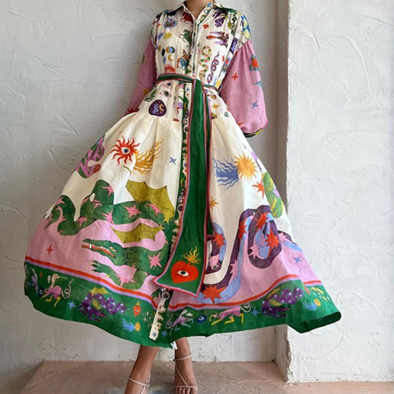 cross-border e-commerce european and american women's clothing: new summer collection - lantern sleeve printed collar, cinched waist, and flared maxi dress