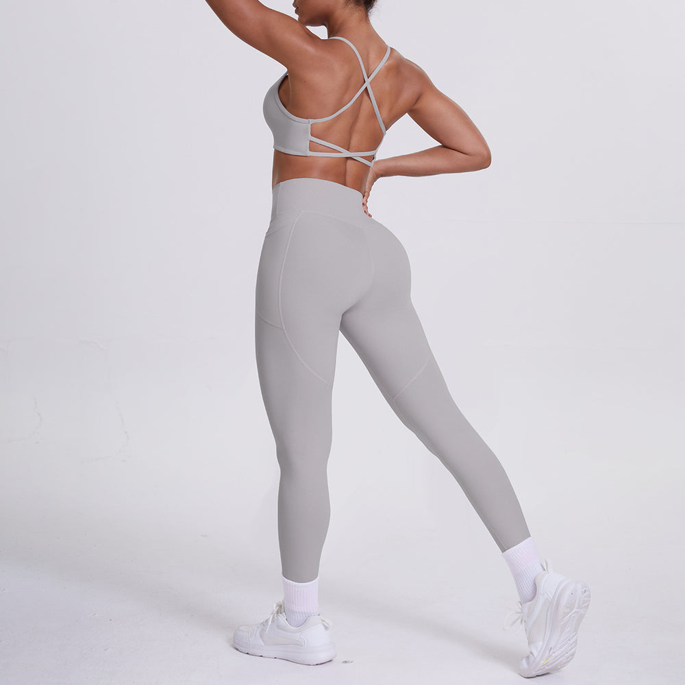 double-sided nylon beautiful back tight cross beautiful back flap pocket pants sports yoga suit running fitness two-piece set