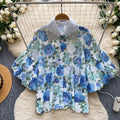 Vacation style heavy industry diamond-encrusted doll collar lantern sleeve printingshirt women's summer short-sleeved looseslimming lookcardigantops