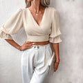 fashionelegant women's clothing elegancev-neck silmelegant puff sleeves pure colorshort women's pullovertops