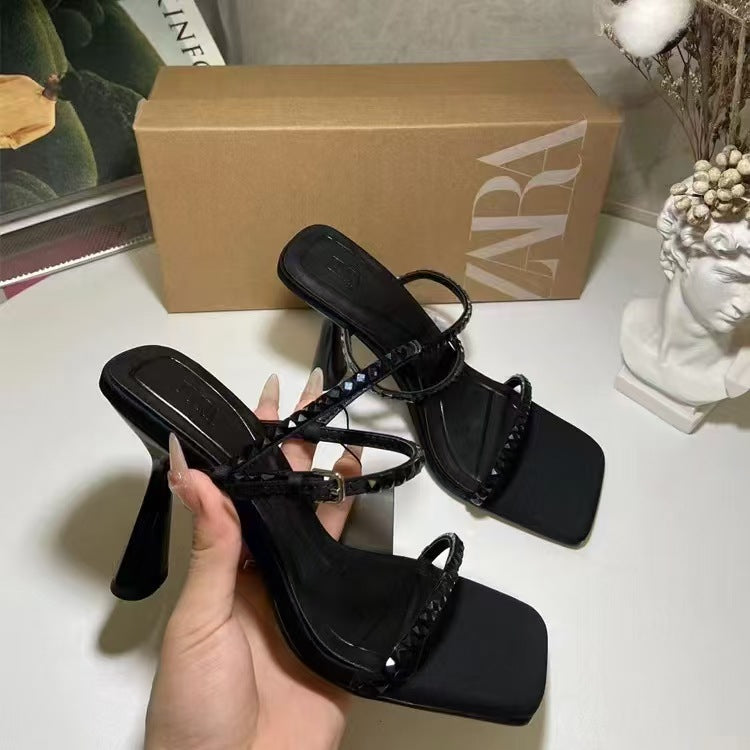Za new 2024 fashion french black high heels square toe one strap rhinestone open toe back strap sandals women