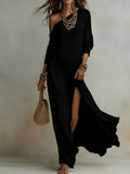 summer european and american cross-border independent station new arrivalelegancelong sleevesknitting pleated slit women's dress