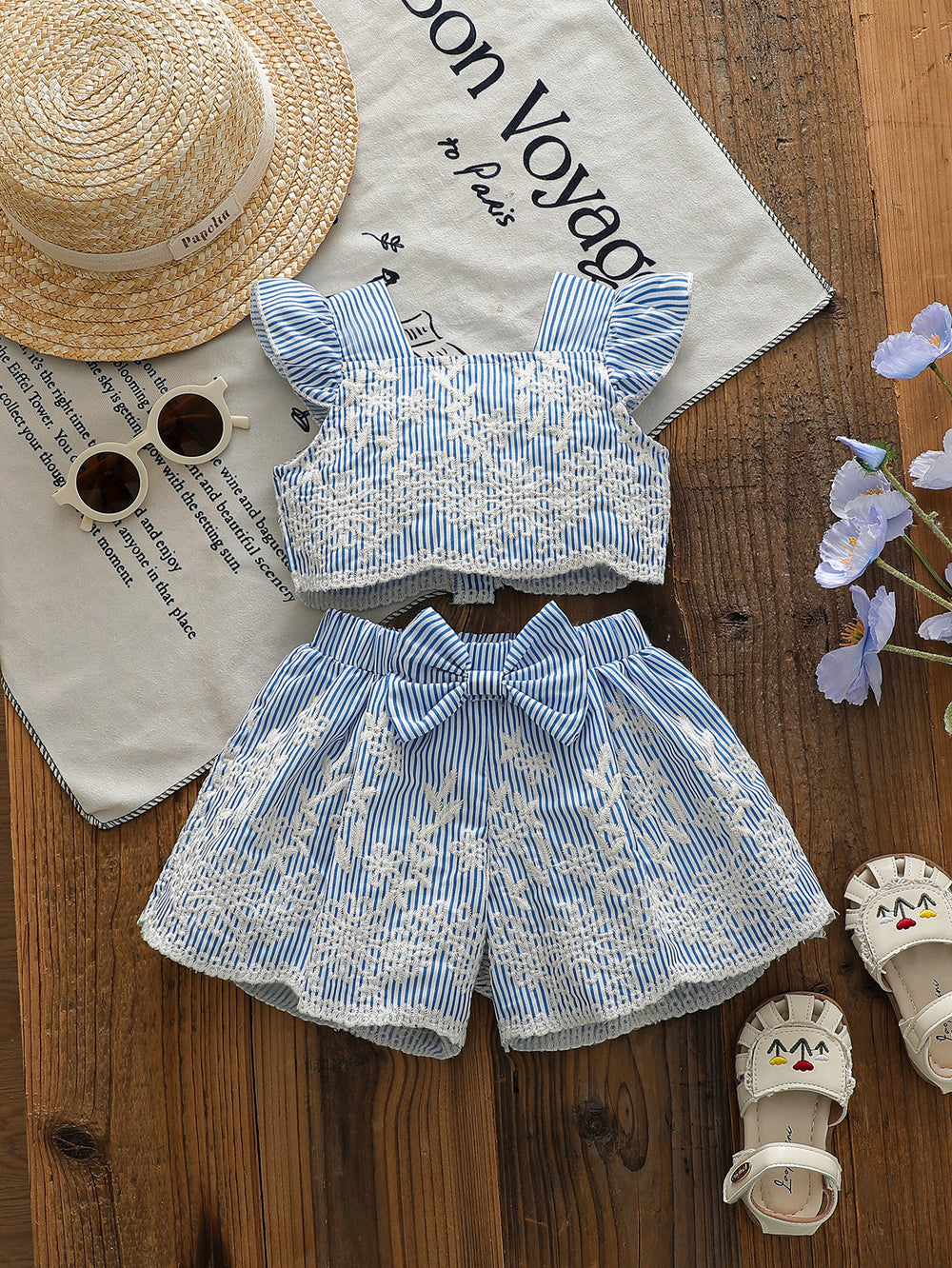spring/summer cross-border exclusive: premium embroidered flutter sleeve top + bowknot shorts two-piece set for infants and toddlers