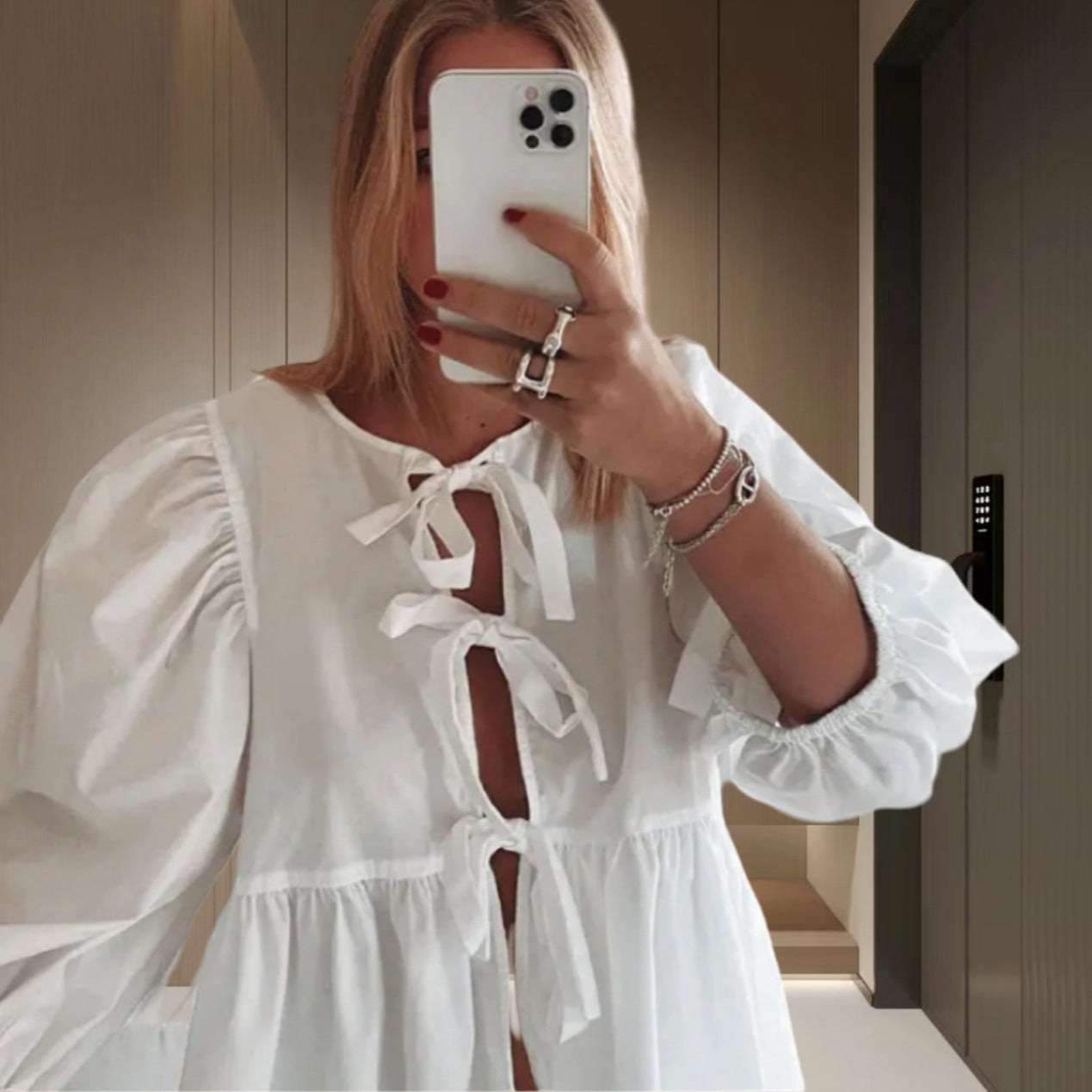 European and American  popular butterfly cardigan top early autumn lace-up crew neck bubble sleeve fashionable sexy loose T-shirt