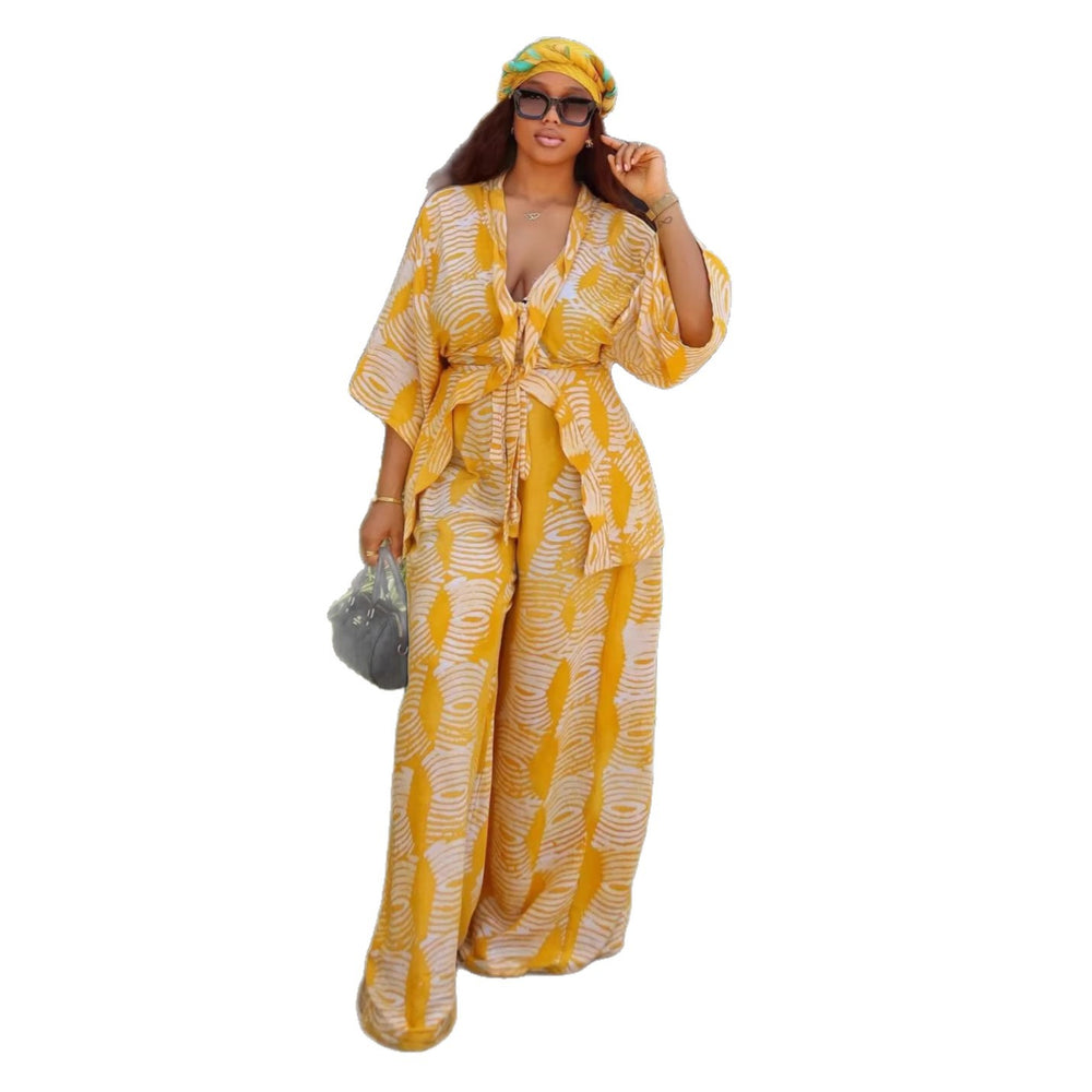 European and american cross-border women's fashion  summer new arrival: elegant casual v-neck printed shirt top and wide-leg pants set
