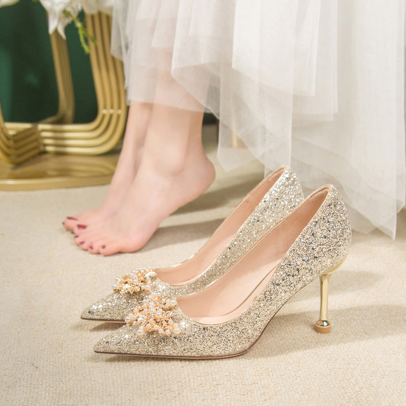 Crystal wedding shoes for women 2023 new arrival gold xiuhe main wedding dress two-wear bridesmaid high heels bridal shoes not tired feet