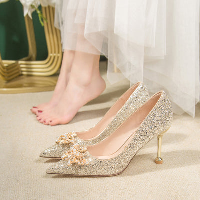Crystal wedding shoes for women 2023 new arrival gold xiuhe main wedding dress two-wear bridesmaid high heels bridal shoes not tired feet