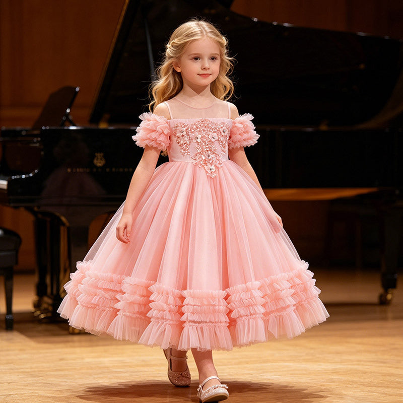 Girls' flower girl wedding dress evening gown runway cross-border european and american style off-shoulder tutu dress children's princess dress wholesale in stock
