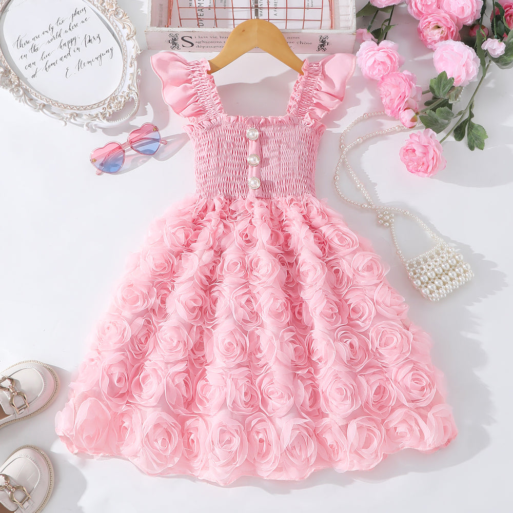 Girls' (toddler) dress, summer solid color flutter sleeve 3d rose ruched dress
