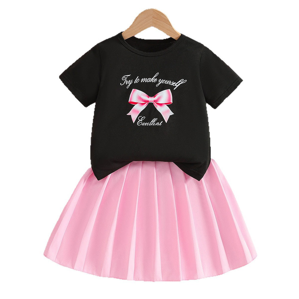 Girls' export skirt set: pink pleated skirt & round neck bow print t-shirt two-piece outfit