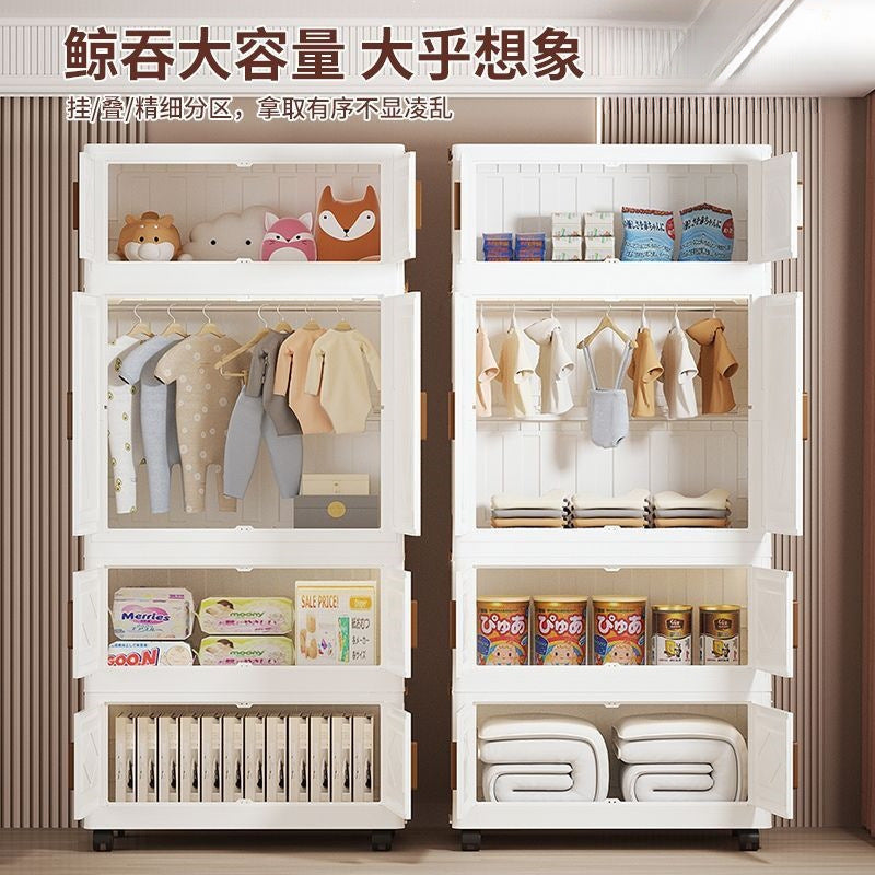Foldable storage cabinet - no assembly required, large capacity kids' wardrobe, double door organizer, simple rolling storage cabinet