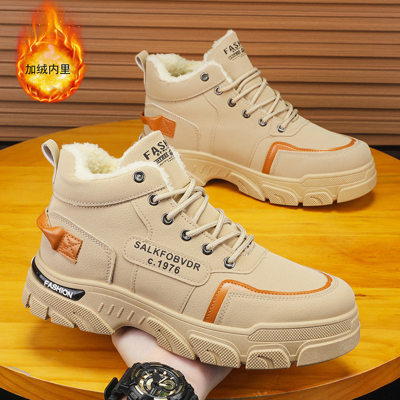 Men's winter 2025 new martin boots: fleece-lined, warm, work boots, waterproof, non-slip, chunky sole, trendy men's shoes